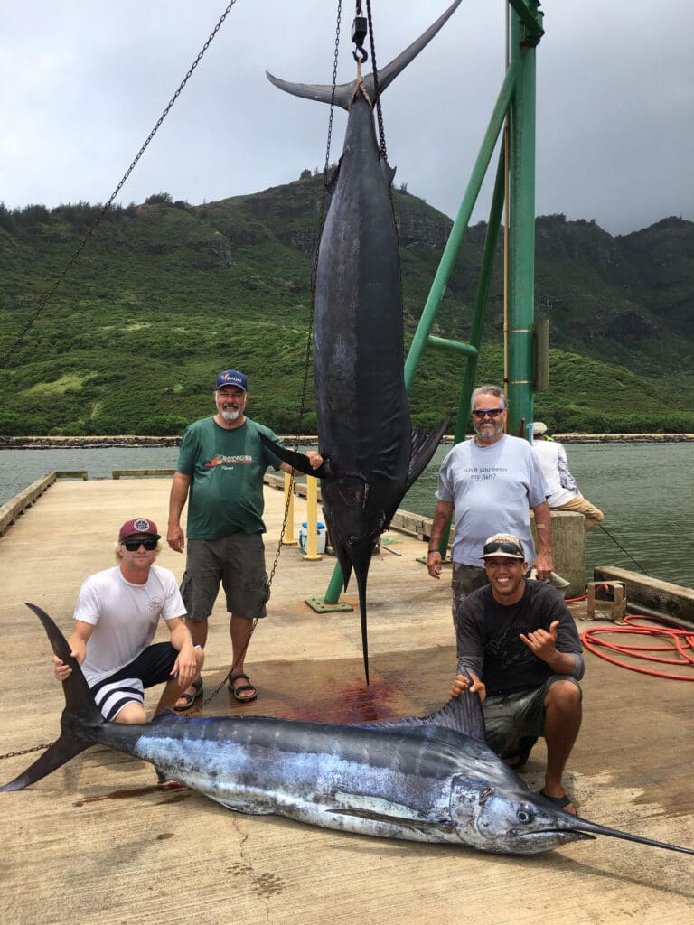 Four men with two large caught fish.